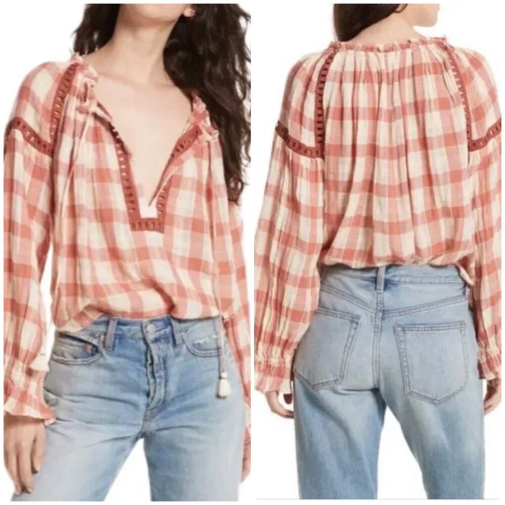 Free People Honey Grove Plaid Top Pink